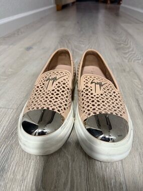 Giuseppe Zanotti Nude Pink Perforated Slip-On Sneakers with Silver Toe Caps